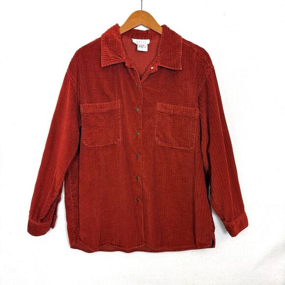 J. Jill L Rust Red 100% Cotton Corduroy Button Front Shirt Hong Kong Made - Picture 1 of 10